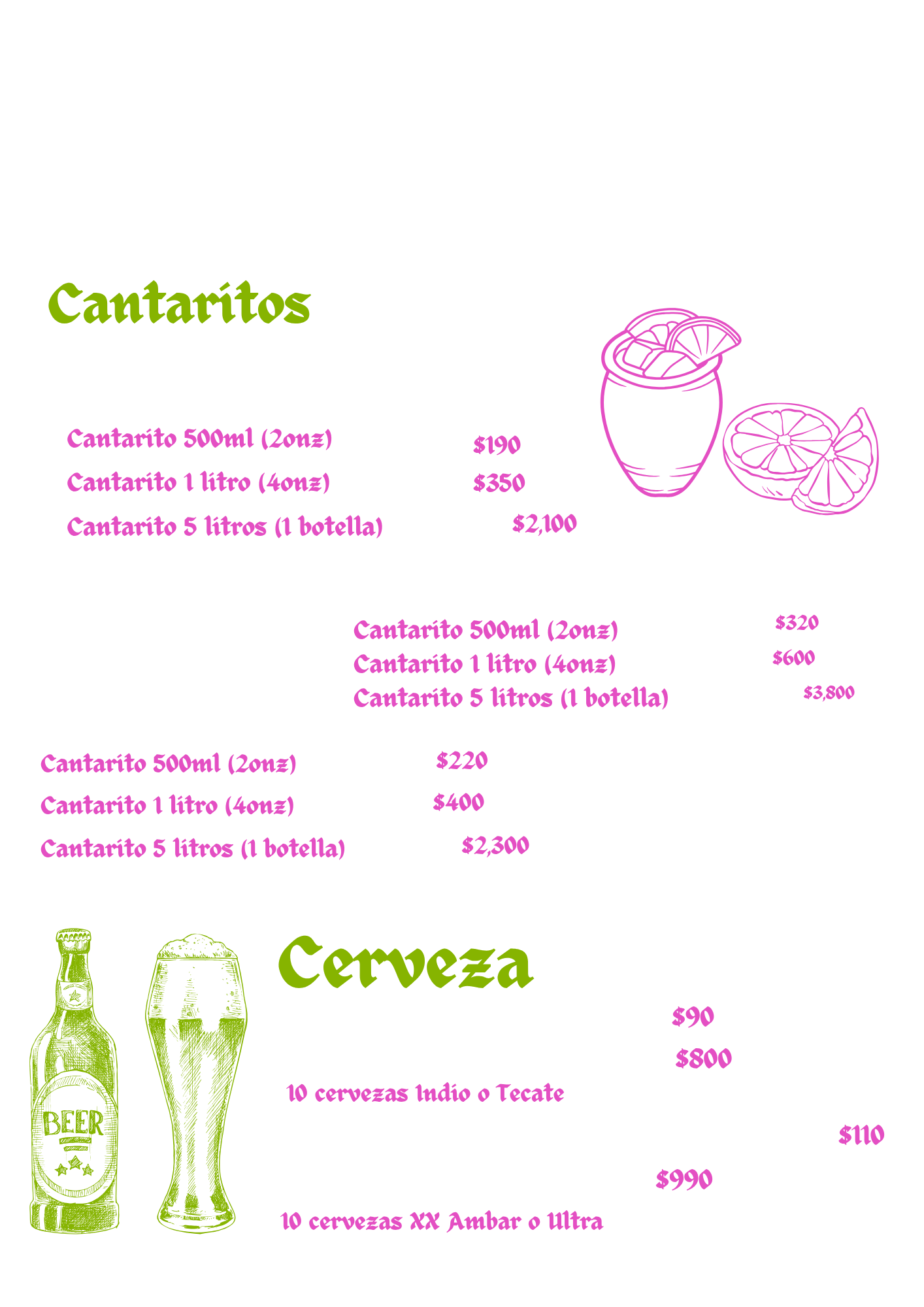 Menú de cantaritos y cerveza de los cantaritos de colima