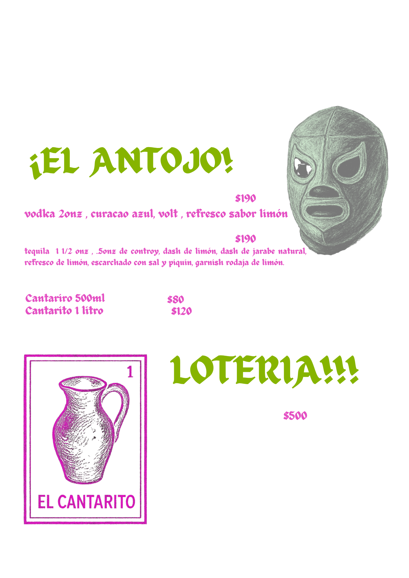 Menú de coctelería y Azulitos de Los cantaritos de Colima